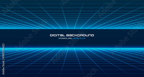 Futuristic 3D wireframe stretches toward horizon with glowing cyan lines, evoking retro arcade aesthetics in virtual cyberspace with synthwave-inspired lattice patterns and purple accents.