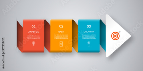 Infographic arrow vector template with 3 steps. Can be used for timeline visualization, strategy planning, sequential steps, diagram, chart, graph, business presentation.