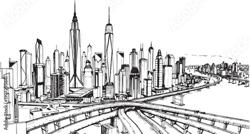 City landscape. Different buildings on street, outline cityscape hand sketch, flat houses. Hand drawn vector illustration