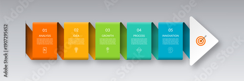 Infographic arrow vector template with 5 steps. Can be used for timeline visualization, strategy planning, sequential steps, diagram, chart, graph, business presentation.