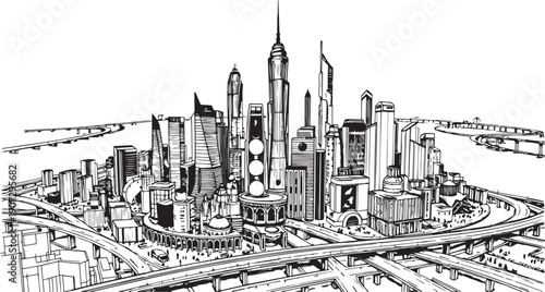 City landscape. Different buildings on street, outline cityscape hand sketch, flat houses. Hand drawn vector illustration