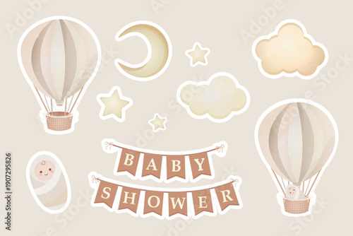 Baby Shower Stickers Set with Hot Air Balloon, Moon and Cute Baby Illustration