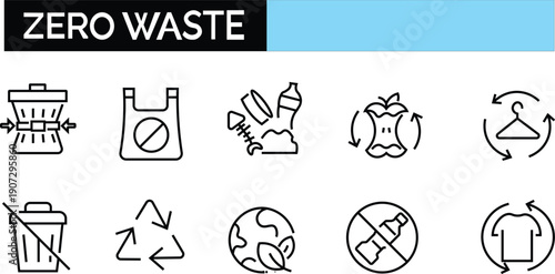 Zero waste line icon set featuring sustainability, ecology, plastic-free, recycling, compost, organic, nature, environment, eco-friendly, conservation editable vector set Zero Waste icons set 