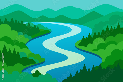 Winding river through lush green landscape