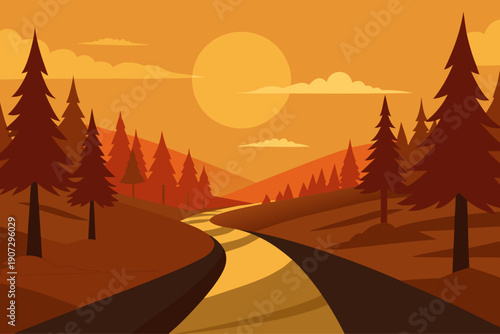 Sunset on a winding forest road