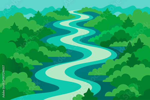 Winding river through lush forest landscape