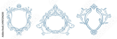 Vintage crest set. Classic Baroque Wedding crest and Monogram frames. Wedding frames with botanical leaf ornament. Hand drawn monogram for wedding invitations, cards, save the date. Luxury armorial.