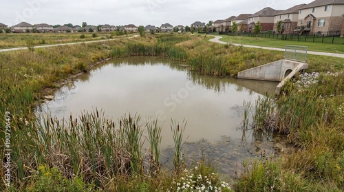 Overcast afternoon scene of a suburban retention pond, wetland plants, and walking trails