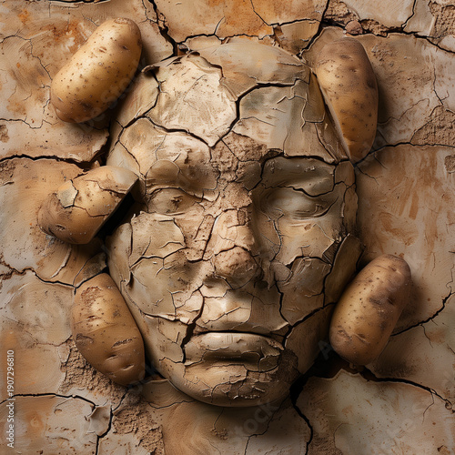 Surreal human face made of fresh raw potatoes, creative vegetable food art concept on beige background, organic farming and agriculture metaphor