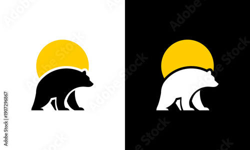 Simple bear logos walking towards the right with a yellow sun behind, displayed on contrasting white and black backgrounds, viewed from the side