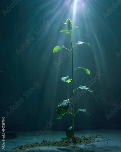 Minimalist conceptual photo of small green plant in sunlight rays
