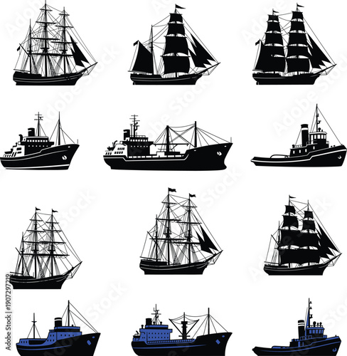 Collection of various ship silhouettes including traditional sailing vessels and modern cargo boats for maritime industry logistics nautical adventure and transport.