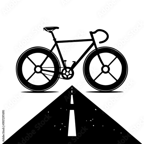 A sleek bicycle positioned on a narrow roadway with dashed white lines