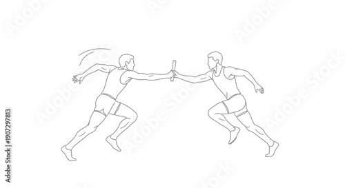 Dynamic Male Relay Runners Passing Baton in Sprint Race, Isolated White Background