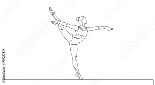 Elegant female dancer performing a graceful ballet pose with an extended leg, displaying flexibility and artistry, isolated white background.