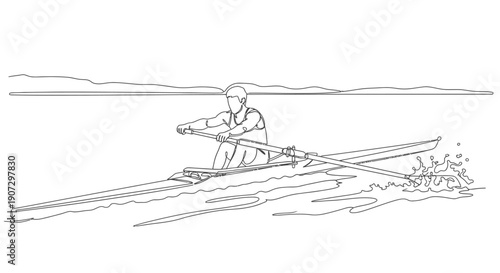Male Rower Propelling Scull Boat Across Water with Splashes, Isolated White Background