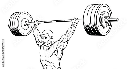 Strong male weightlifter performing an overhead lift with a heavy barbell, continuous line art, isolated white background.