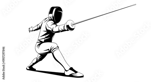 Focused Male Fencer Attacking with Foil in Dynamic Lunge, Isolated White Background