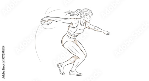Female discus thrower launching a discus with powerful rotation and agility in a bright studio setting.
