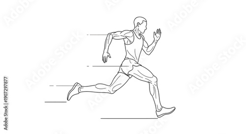 Male runner sprinting with speed and determination, depicted with motion lines on an isolated white background.