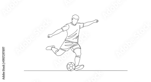 Dynamic male soccer player kicking the ball with power and focus, continuous line art, isolated white background.