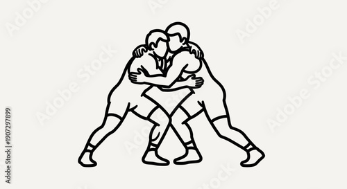 Two male wrestlers grappling in a competitive stance, displaying strength and technique, continuous line art, isolated white background.