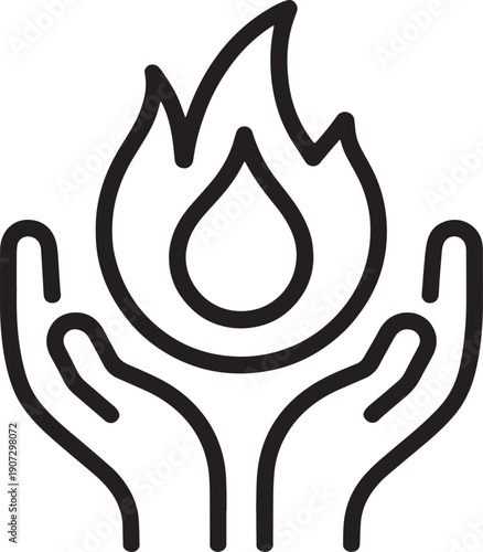 Hand holding flame with water drop icon for ecology and conservation concept, minimal