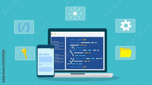 Wallpaper Mural Modern software development workspace showing laptop with code editor, mobile interface preview, and floating system icons representing programming, security, and digital workflow.
 Torontodigital.ca