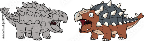 Cute Cartoon Ankylosaurus Dinosaur Character Illustration Set Featuring Gray and Brown Variations with Spiky Armor for Childrens Educational Design Projects