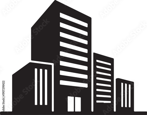 A sleek black and white illustration of a modern cityscape with skyscrapers