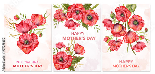 Mothers Day Card. Set of Posters for Mothers Day. Watercolor Flower design for Mothers Day Greeting Cards. Mothers Day background Templates with Floral Watercolor