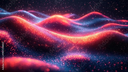 Abstract red and blue glowing waves, particle background, digital art, website design