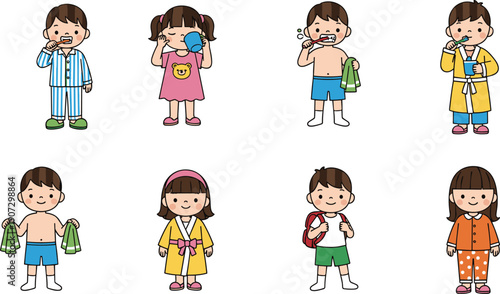 Cute Cartoon Children Daily Hygiene Routine Set Featuring Kids Brushing Teeth Wearing Pajamas and Getting Ready for School in Morning