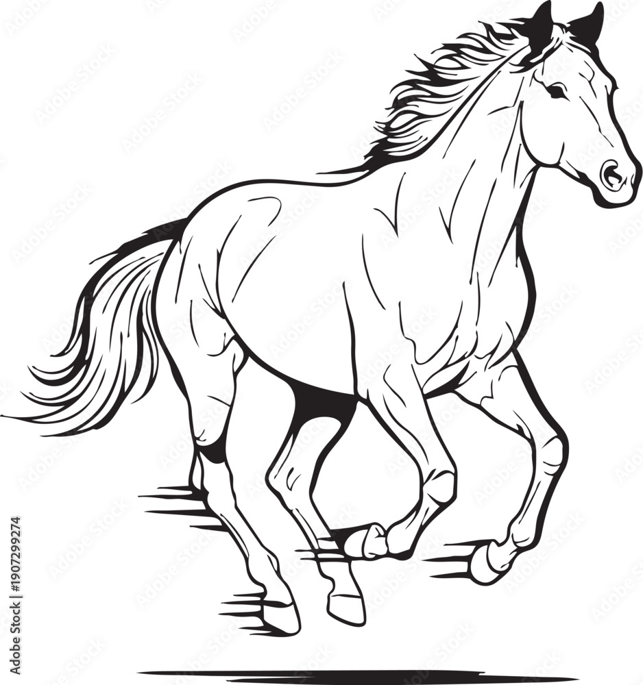 Obraz premium A galloping horse depicted in a simple black and white line drawing style