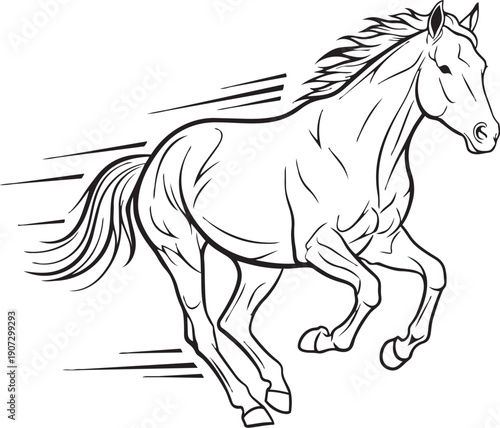 A dynamic line drawing depicts a horse galloping with flowing mane