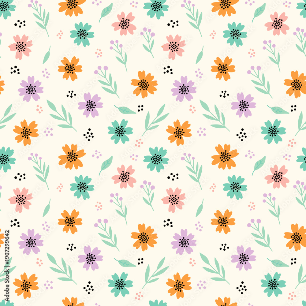 Obraz premium Tiny Pastel Ditsy Floral Seamless Pattern with Daisies and Lavender