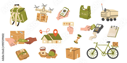 Delivery and Logistics illustration  set. Purchase, payment, delivery home, box, reviews, express mail and more. Modern technologies for shipping. Online Shopping and E Commerce.