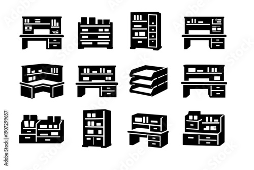 Modern unit generation workstation icon hutch simple organized symbol desk structured vector