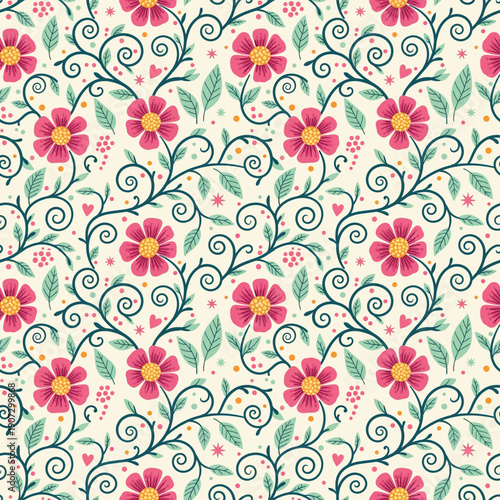 Vintage Rose Swirl Floral Seamless Pattern in Mint Green and Pink
