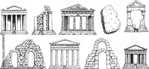 Ancient ruins temple columns and stone arch landmarks vintage engraving set classical architecture remains historic monument illustration collection artwork