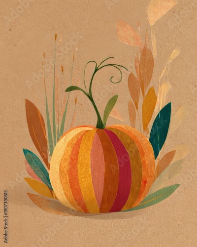 Striped Autumn Pumpkin Illustration with Colorful Leaves on Textured Paper Background. AI generative