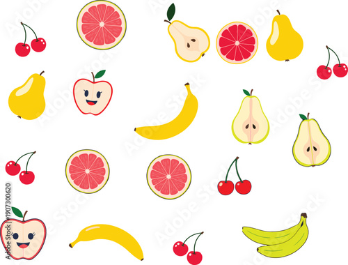 Fresh Mixed Fruit Collection Featuring Whole and Sliced Apples Bananas Pears Cherries and Grapefruit for Healthy Diet Menus Organic Food Branding