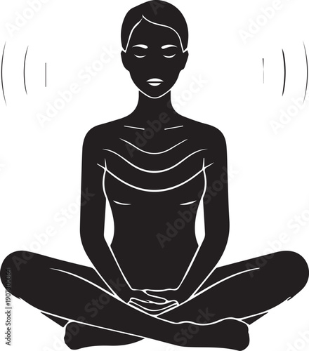 Vector illustration of a black silhouette of a woman sitting in a lotus zen pose for yoga and meditation health exercise symbol