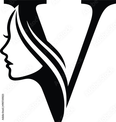 Black silhouette of a woman's profile with flowing hair incorporated into the letter V Keywords