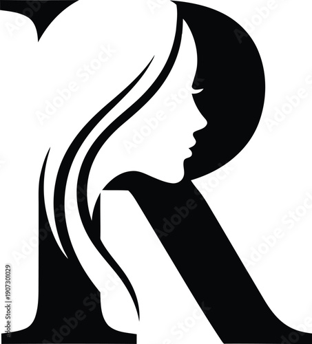 Black silhouette of a woman's profile with flowing hair incorporated into the letter R Keywords