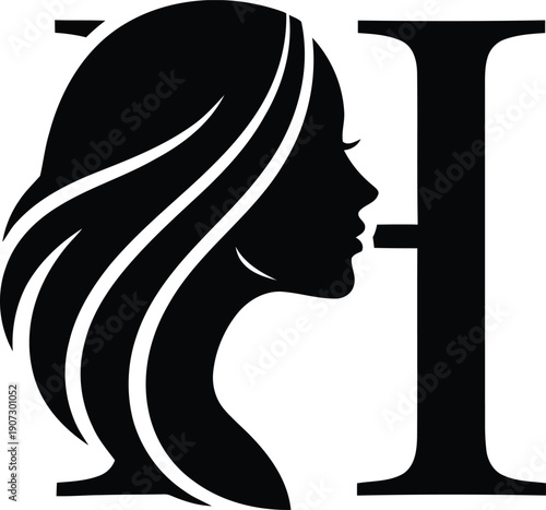 Black silhouette of a woman's profile with flowing hair integrated into the letter H Keywords:... stylized