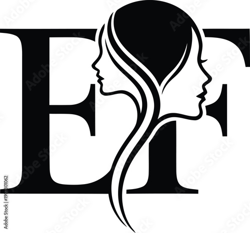 Black silhouette of two female profiles facing each other integrated with the letter E and F Keywords
