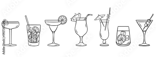 Summer cocktail and alcohol drink icons, black and white vector collection. Hand-drawn doodle style for bar menu, party or packaging