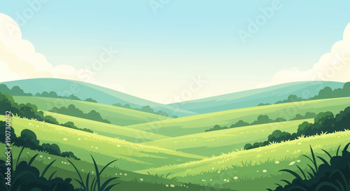 cartoon landscape with green hills and grass soft colors simple shapes calm nature scene clean composition wide view stock illustration