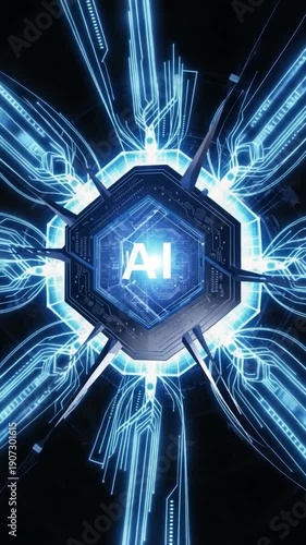 AI Core: A mesmerizing digital representation of artificial intelligence at its core, showcasing intricate circuitry and a central AI emblem, all bathed in an ethereal, electric blue light.